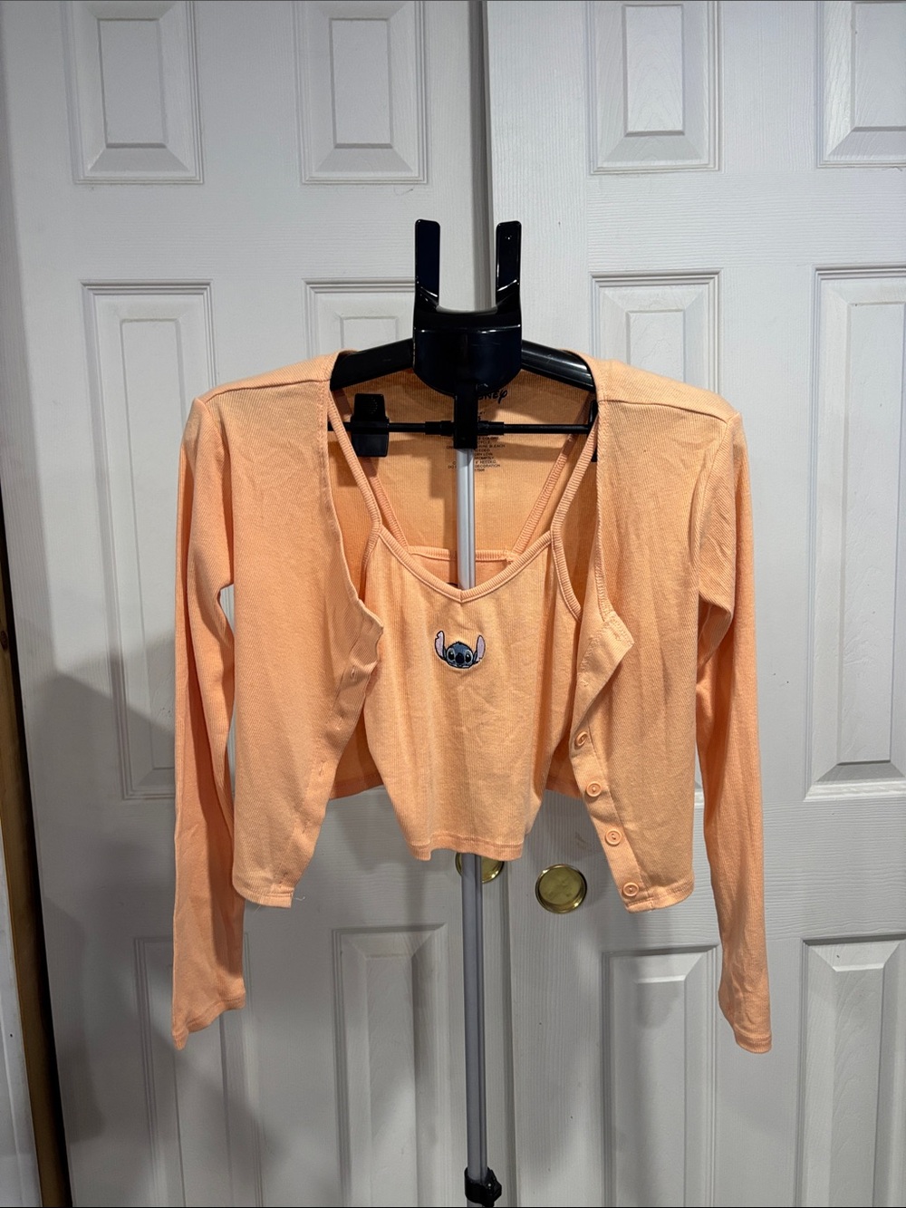 Disney Peach Cropped Camisole & Cardigan Set with Stitch Patch